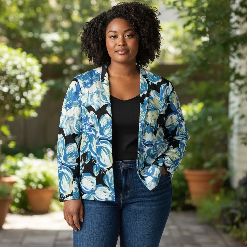 Kasper Blue & Black Floral Blazer Size 10